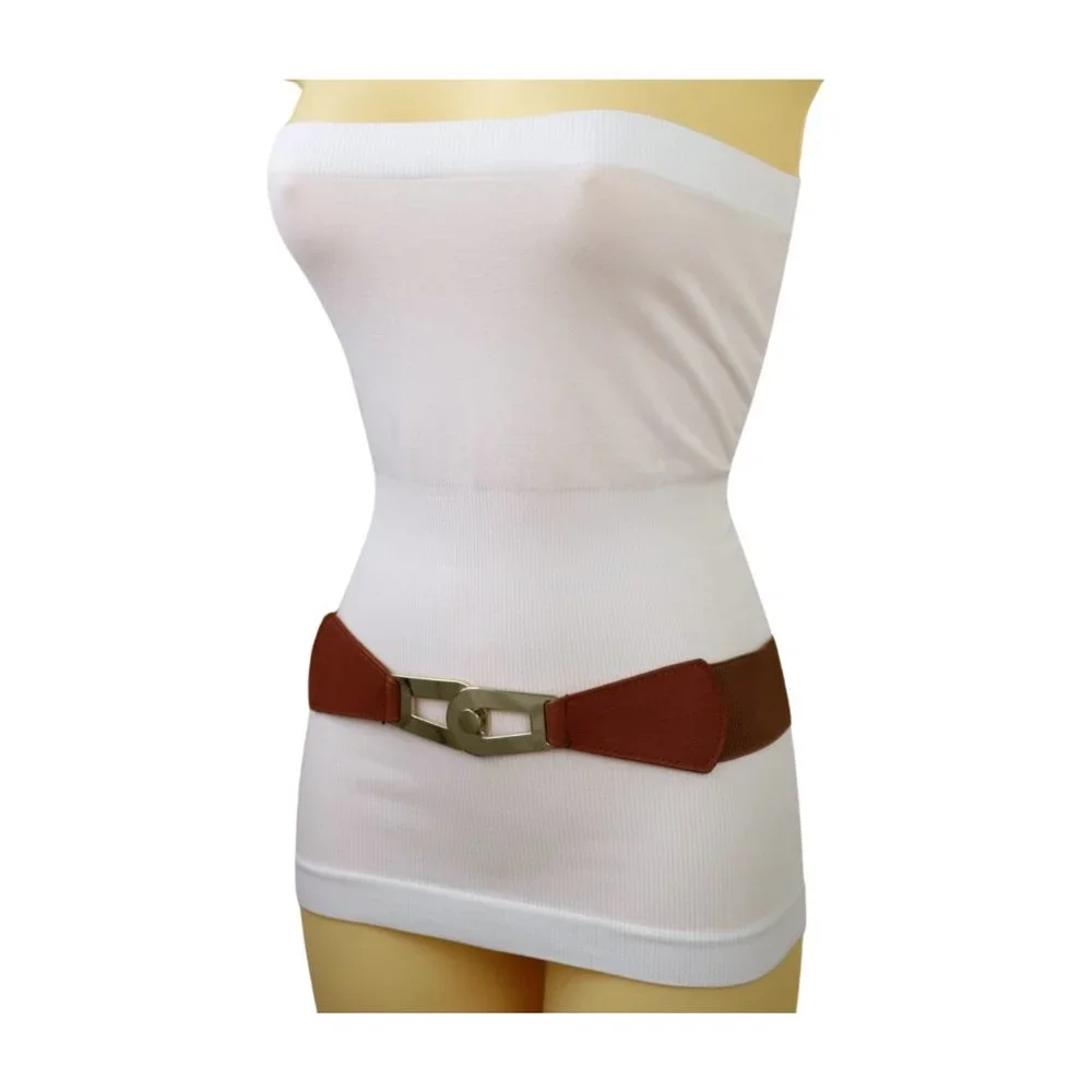 Women Brown Elastic Skinny Waistband Hip Waist Belt Gold Metal Buckle S M z046 - Picture 13 of 13